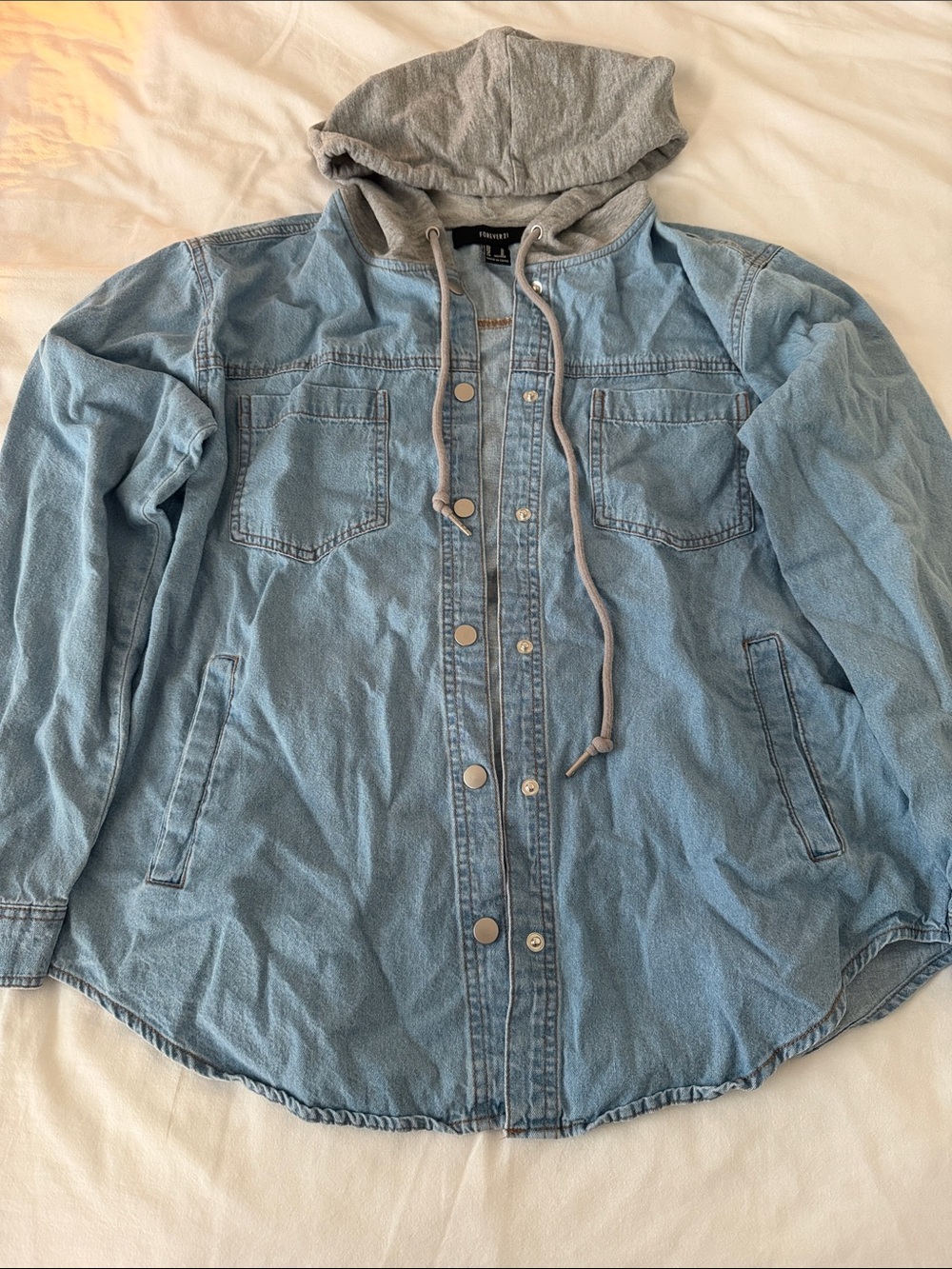 Forever 21 Light Blue Denim Button-Down Shirt with Gray Hood